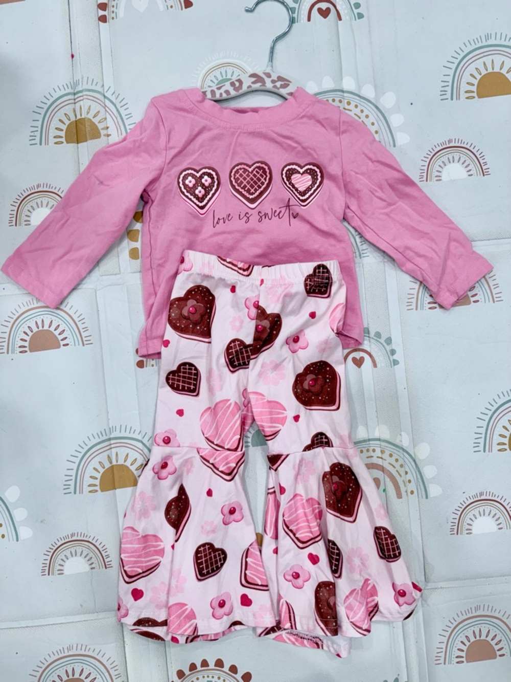 Girls Pink Heart Pajama Set with Ruffled Pants